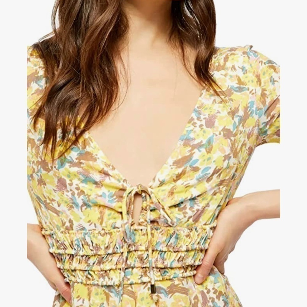 FREE PEOPLE  Forget Me Not V Neck Floral Lined Ruched Sleeve Mini Dress 4 - Picture 3 of 5